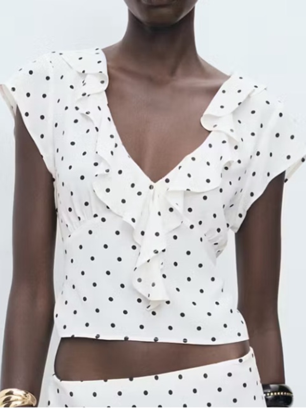 Mango White Black Polka Dot Ruffle V-Neck Tie-Front Blouse 2897